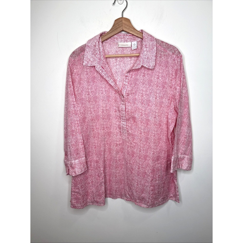 Chicos Poplin Popover Tunic 3 XL Stripe Pockets Button Up 3/4 Sleeve Cotton Plus